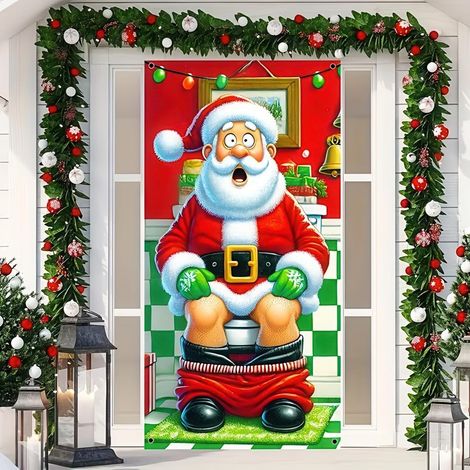 Stickers de porte de Noël, décorations de porte Père Noël, décorations de fête du Nouvel An, décorations de fêtes, banderoles/décorations de porte - 90 x 180 cm (avec trous et ruban) - 23
