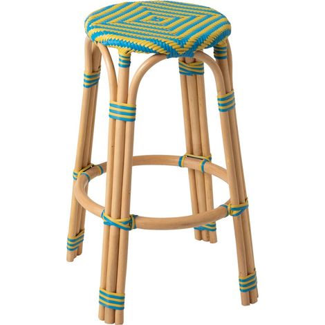 Tabouret de Bar en Rotin "Geo" 66cm Jaune & Bleu
