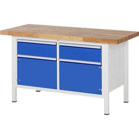 Werkbank Classic B1500xT700xH840mm Buche massiv lichtgrau/blau 2 Schubl.2 Türen (1/4)