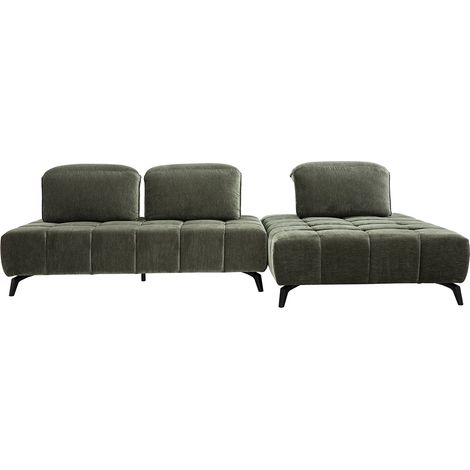 Divano modulabile 4 posti con poggiatesta regolabili in tessuto effetto velluto verde kaki e metallo nero OLMO