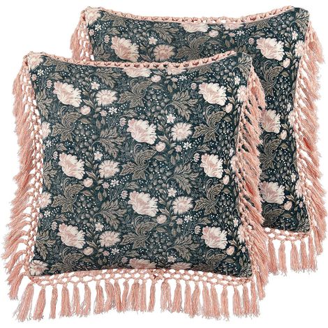 Set of 2 Decorative Cushions PARROTIA Velvet 45 x 45 cm Teal Floral Pattern (1/5)
