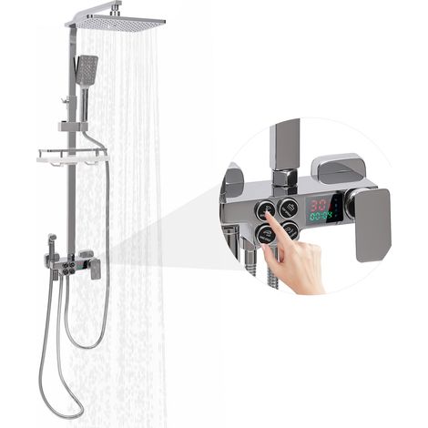 Colonne de Douche Thermostatique Noir avec Mitigeur, Ensemble de Douche avec 4 Fonctions Hauteur Réglable Système de Douche à Tête avec Douchette à Main pour Salle de Bain (1/5)