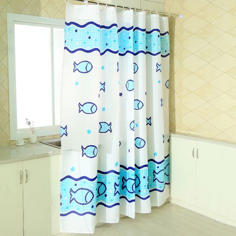 Rideau de douche en tissu imprimé imperméable avec œillets en métal et crochets en plastique blanc, 180 x 180 cm, motif poisson bleu (1/4)