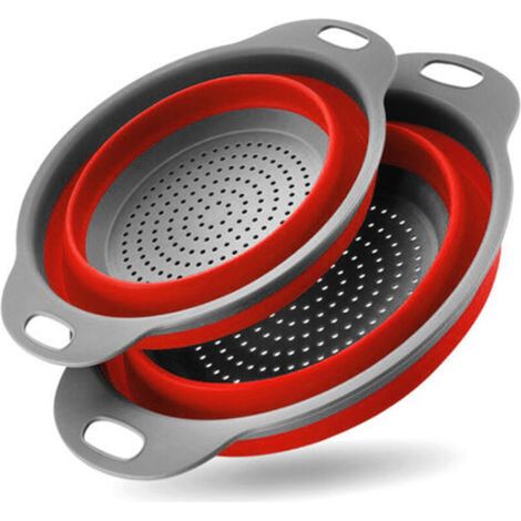 2-Piece Collapsible Kitchen Strainers, Foldable Silicone Colander, Collapsible Strainer Basket for Pasta, Vegetables, Fruits - Red (1/5)