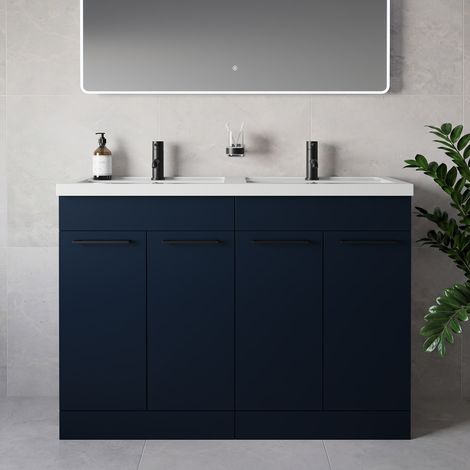 Napoli 390 Deep Blue 1200mm 4 Door Vanity Unit with Double Lucia Basins - 1200mm - Matt Black 160mm Handle