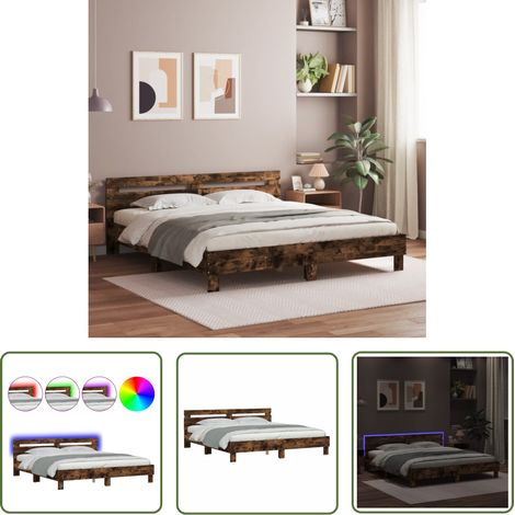 The Living Store Cadre de lit avec LED sans matelas chêne fumé 160x200 cm - Lit Double - Cadre De Lit - Éclairage LED - Bois D'ingénierie - Design Moderne (1/5)