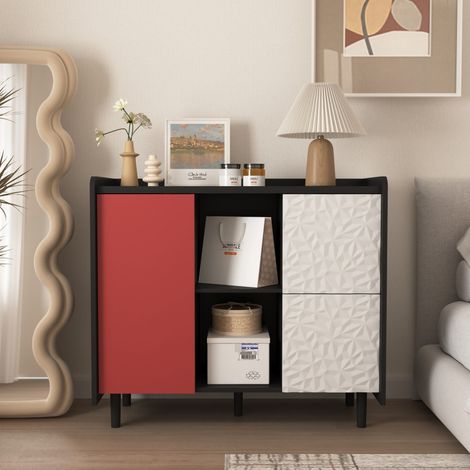 Buffet Sideboard 90 x 40 x 80 cm - 2 Tiroirs au Design Unique & 2 Niches Ouvertes - Style Scandinave Audacieux - Noir et Rouge (1/5)
