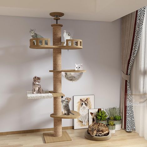 Arbre à Chat, tendeur de Plafond, Capsule Spatiale, hamac pour Chat, entièrement enveloppé de Corde en sisal, Largeur de 11 cm, Arbre à Chat Haut (240250 cm, 265-275 cm) (1/5)