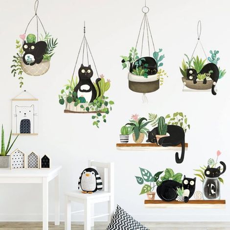 Sticker mural - - Cactus plante en pot - Chat noir - PVC non toxique repositionnable - 90x60 cm (1/4)