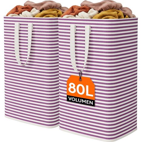 Panier a Linge, Grande Corbeille a Linge Pliable et Imperméable avec Poignées, Laundry Basket, Bac Linge Sale pour Vetements, Chambre, Violet, 80 L, Lot de 2 (1/5)