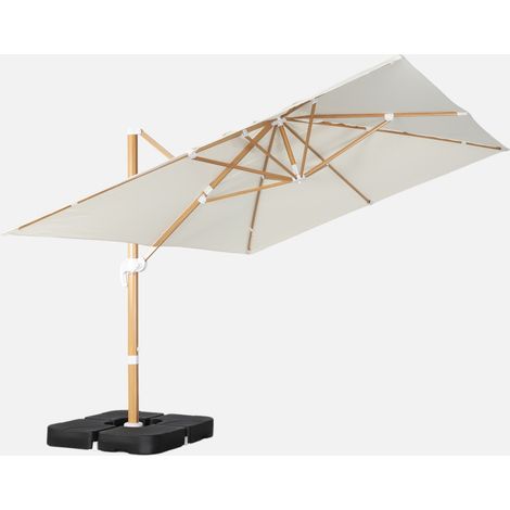 Parasol rectangular excéntrico poste efecto madera, 3x4m + placas de lastre 50x50cm