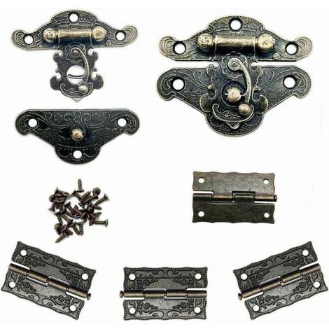 Ulisem Lot de 2 serrures de boîte à bijoux au design antique vintage et 4 charnières vintage, avec suffisamment de vis, couleur bronze
