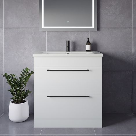 Napoli 460 Gloss White 800mm 2 Drawer Vanity Unit with Glide Basin - 800mm - Matt Black 480mm Handle