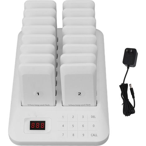 16 Avertisseurs Sonores + 1 Clavier Numérique Système d'Appel Sans Fil pour File d'Attente, Système de Sonnerie pour Restaurant, 100‑240V Blanc Fiche Américaine (1/5)
