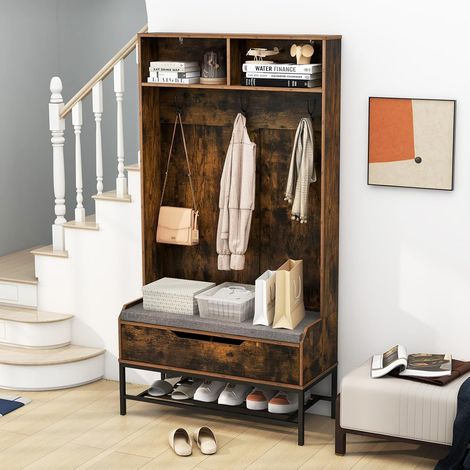 Costway – Porte-manteaux avec banc à chaussures 170 cm – 3 patères doubles – 2 compartiments – Cadre en métal – Coussin amovible en mousse – Kit anti-basculement (1/5)