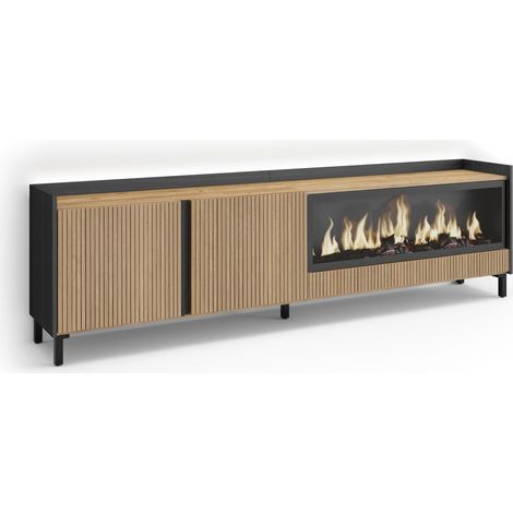 Skraut Home - TV-Schrank, Lowboard, für Wohnzimmer und Esszimmer, 212x61x35 cm, Für TV-Geräte bis zu 80", Elektrokamin XXL, Industriedesign, Led, Moderner Stil, Eiche Schwarz (1/4)