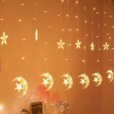 Guirlande lumineuse LED Ramadan - Décoration Ramadan - Éclairage Ramadan - Guirlande lumineuse LED - Rideau d'étoiles et de lune - Guirlande de 3,5 mètres - Jaune - PVC (1/5)