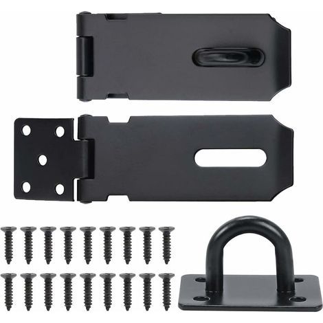 2Pcs Stainless Steel Door Hasp Latch with Staples, Screws, Padlock, Security Door Closer Hasp for Door, Cupboard, Window, Drawer, 105mm, Black (1/5)
