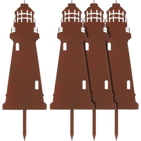 Metall Gartenstecker Leuchtturm 32 x 10 cm in Rost Optik - 4er Set - Garten Deko Beetstecker für Außen