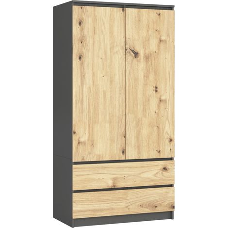 Akord – Armoire enfant 90 cm 2 portes 2 tiroirs – Façade chêne artisan – 4 étagères – Panneau stratifié gris graphite – Dimensions 90x51x180 cm (1/5)