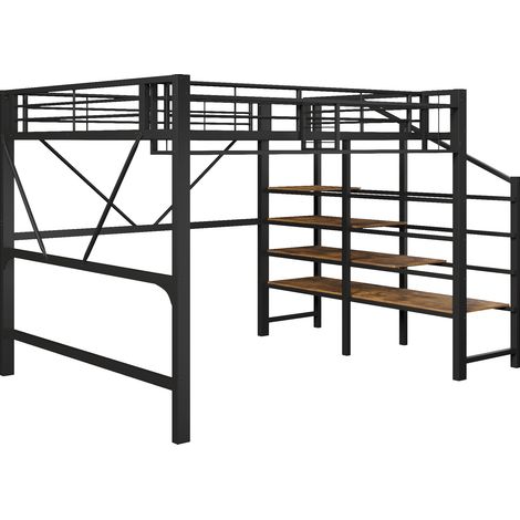 Metall-Hochbett 140 x 200 cm schwarz mit Treppenregal, Aufbewahrungskorb und LED (1/5)