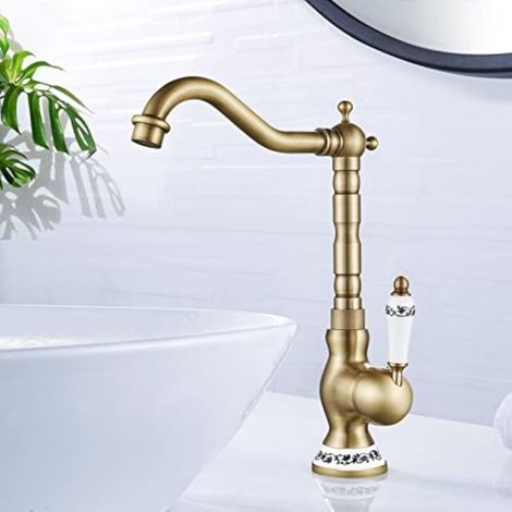 Robinet de Lavabo Rétro, Robinet Salle Bain en Laiton Bronzé, Haut Mitigeur Lavabo bec Pivotant à 360°, Eau Chaude et Froide Disponible, G3/8 (1/5)