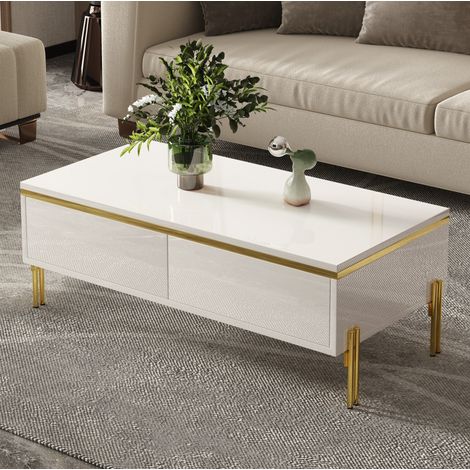 Tavolino da caffè bianco 100x50x36 cm, 2 cassetti nascosti, truciolare e metallo MEUBLIV (1/5)