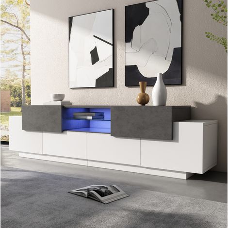 Meuble TV rangement 180 cm LED verre blanc gris mat HAVRYA (1/5)