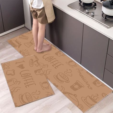Lot de 2 Pcs Tapis de Cuisine Marron 40 x 60cm + 40 x 120cm Modern Antidérapant Tapis de bain (1/2)