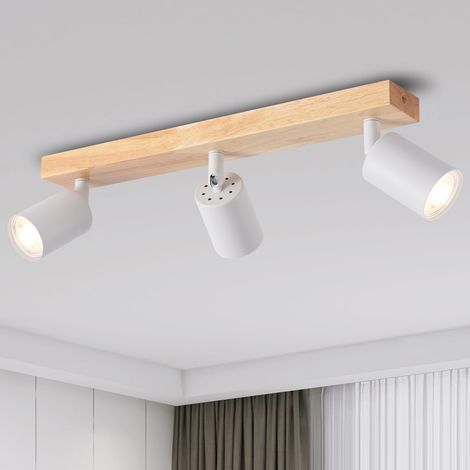 Plafonnier Spots, 3 Spots de Plafond Led Intérieurs Base GU10, Spots de Plafond Blancs avec Base Rectangulaire en Bois, Plafonnier Pivotant LED Plafonnier(Sans Ampoules). (1/5)