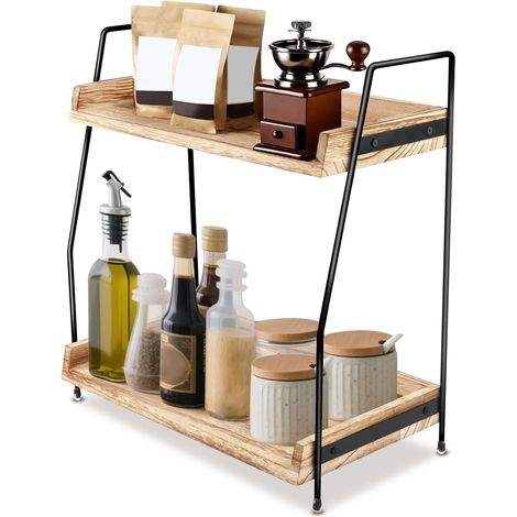 1 Étagère à Épices 2 Niveaux, Bois et Acier, Organisateur Cuisine, Gain de Place, Maison Bureau (1/5)