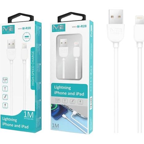 Câble USB-A vers Lightning M2 TEC M-R28, charge rapide 2,4 A, 1 m, transfert de données - Blanc