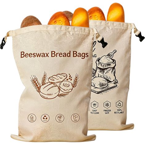 Lot de 2 sacs à pain en cire d abeille 43 x 32 cm En coton Avec fermeture à boucle Pour le stockage du pain des baguettes des fruits (1/4)