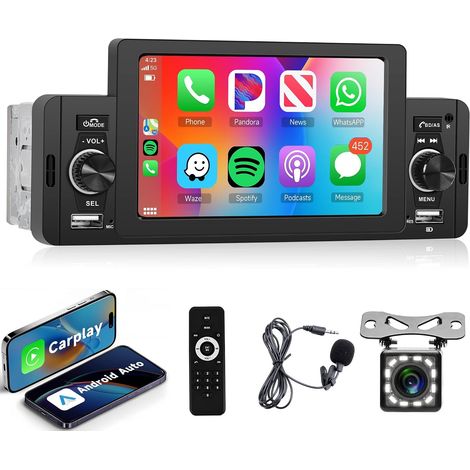 Autorradio de 1 DIN con Apple CarPlay, Android Auto, Bluetooth, llamadas manos libres, pantalla táctil de 5 pulgadas, Mirror Link para Android/iOS, Bluetooth, FM/USB/AUX/lector de tarjeta TF, cámara d (1/5)