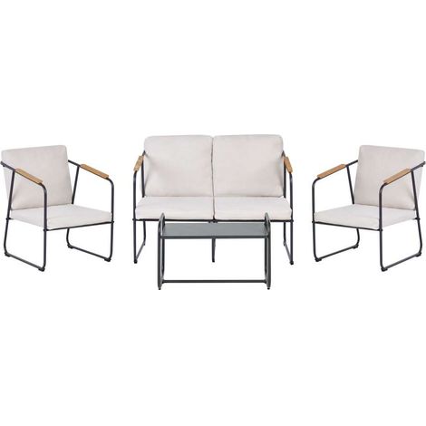 Domo Mea Salotto da Giardino Milos in Ferro Nero con Cuscini Ecrù - Set Completo Divanetto, Poltrone e Tavolino (1/5)