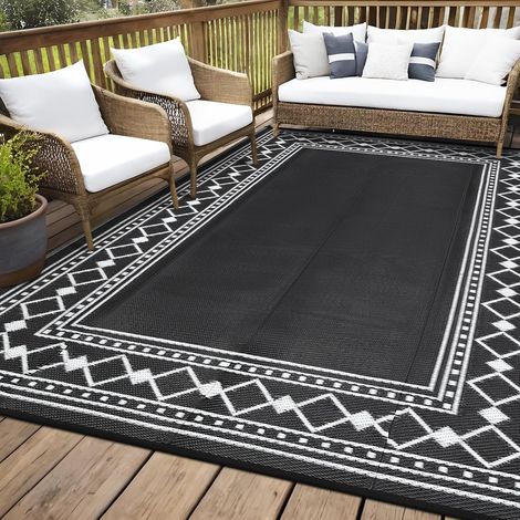 Grand tapis d'extérieur imperméable en paille en plastique, réversible, moderne, géométrique, pour terrasse, facile à nettoyer, tapis d'extérieur pour piscine, jardin, noir, 22,9 x 30,5 cm (1/5)
