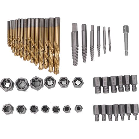 Coffret de 49 extracteurs de vis en acier au chrome-vanadium avec embouts de perçage et boîte de transport. (1/5)