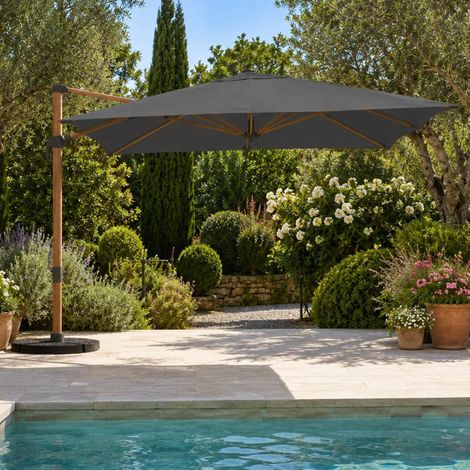Sombrilla CALVI 360° inclinable y giratoria, efecto madera mate y tejido gris 3X4M con funda (1/5)