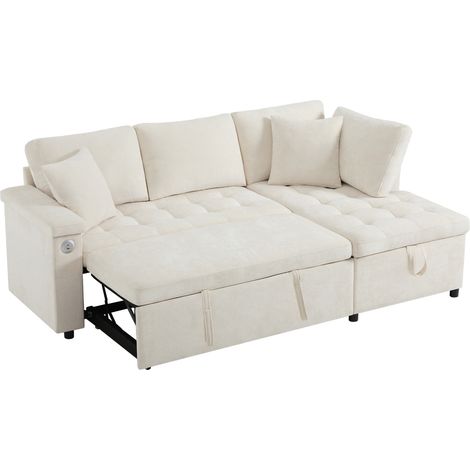 Divano angolare, divano da 3 posti letto con porta USB-Type-C, vano portaoggetti e cuscini, in tessuto, beige (1/5)
