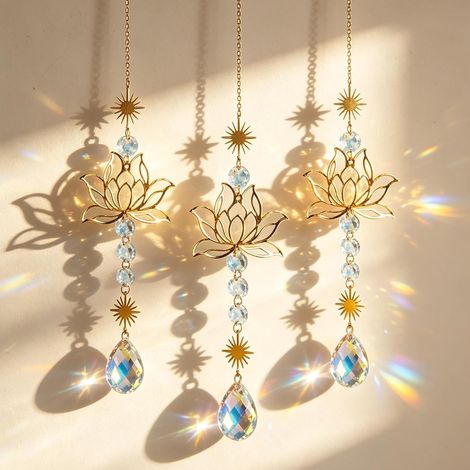 Lot de 3 carillons attrape-soleil en cristal - Fleur de lotus - Décoration de fenêtre - Carillon à suspendre - Arc-en-ciel - Décoration en cristal pour fenêtre, maison, jardin, fête, mariage (1/5)