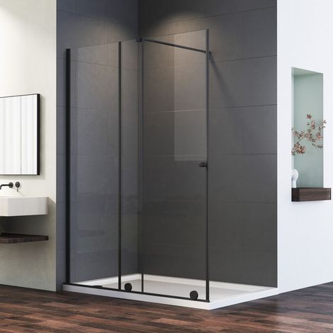Walk In Duschwand 140x185cm Walk In Dusche mit Schiebetür Klarglas 6mm ESG Sicherheitsglas Duschabtrennung Duschwand Duschtrennwand, Schwarz