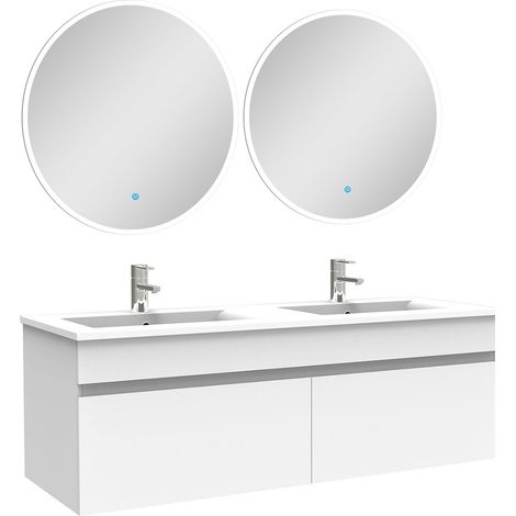 Ensemble meubles Salle de Bain double vasque 120cm + miroir rond lumineux Blanc (1/4)