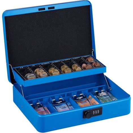 Relaxdays Cassetta con Combinazione Numerica a 3 Cifre, per Banconote, Scomparto per Monete, 8,5x30,5x25 cm, Blu