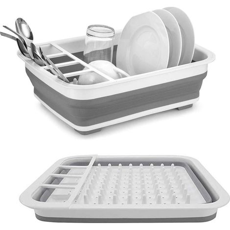 Escurridor de platos plegable, de silicona y plástico, 36,5 x 31,5 x 12,5 cm, blanco-gris, para cocina y camping. (1/5)