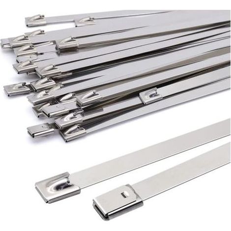 Colliers de serrage métalliques 400 x 7,9 mm, en acier inoxydable argenté, robustes, résistance 120 kg, lot de 100 - RWCable Tie (1/4)