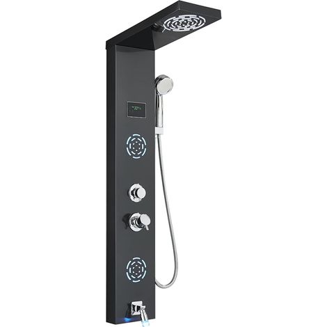 Ensemble de Douche mitigeur thermostatique Intelligent Noir/brossé Salle de Bain LED Panneau de Douche système de Tour mitigeur Mural Douche à Main tête de Pluie Spa Massage (Color : Black 9008, Siz (1/5)