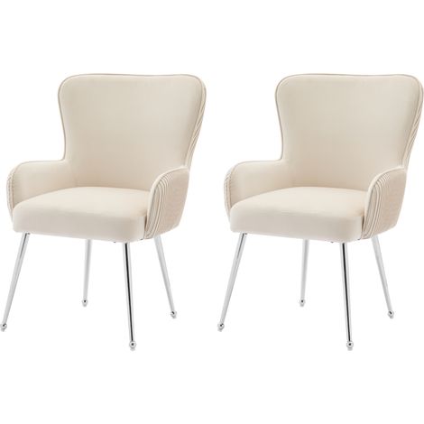Lot de 2 chaises de salle à manger en velours beige - Pieds métal argenté réglables, accoudoirs, soutien lombaire (1/5)