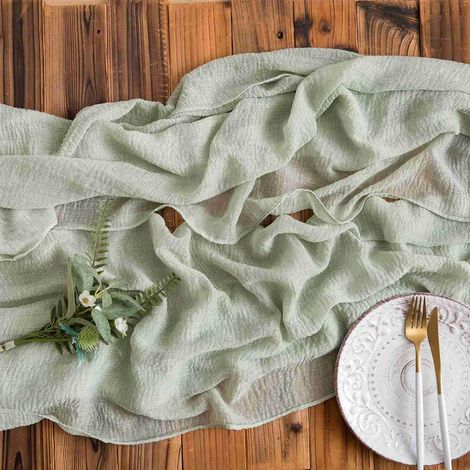 Tischläufer, 90x300 cm Boho Käsetuch Tischläufer, Halbdurchsichtiger Dekostoff, Käsetuch Tischläufer für Babyparty, Geburtstagsparty, Hochzeit Tischdeko - Neu Grün Grau (1/5)