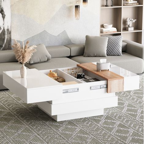 Tavolino basso estensibile 70x70x39 cm in pannelli di legno bianco con contenitore FloraGrace (1/5)