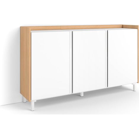 Skraut Home - Credenza, Mobile, Cucina, Madia, mobile ingresso, 156x35x91cm, 3 Porte, Design industriale, Stile moderno, Bianco e Rovere soft (1/5)